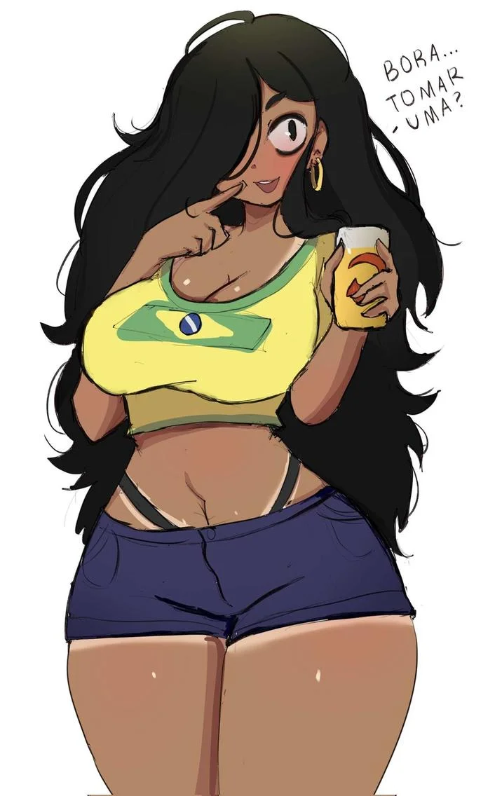 A Brazilian Sadako character with black hair, dark circles, yellow crop top with Brazil flag, and dark blue shorts, with Portuguese speech bubble reading 'BORA
