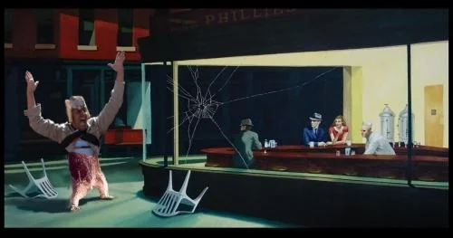 A creative Photoshop placing Bread Helmet Man bursting through the broken window of Edward Hopper's 'Nighthawks' painting with diner patrons undisturbed.