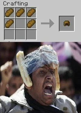 A two-panel image showing a Minecraft-style crafting interface with three bread items producing a bread helmet icon, with original Bread Helmet Man photo below