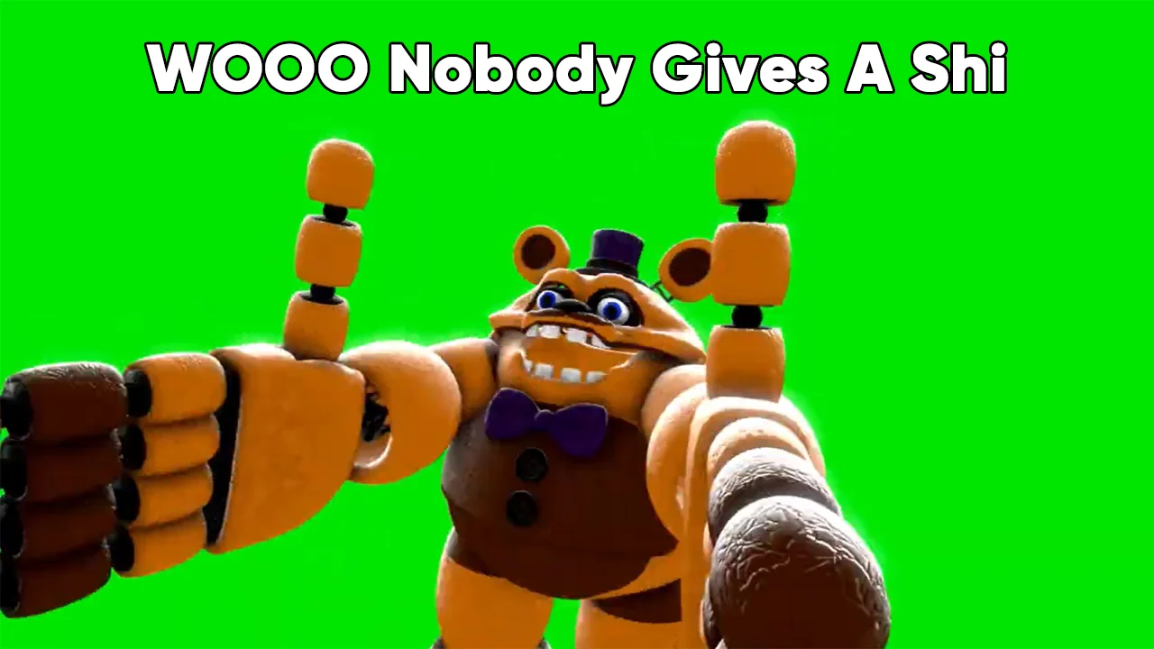 Breadbear Woo Nobody Gives A Shit — Animatronic bear cheering on green screen with WOOO Nobody Gives A Shit caption