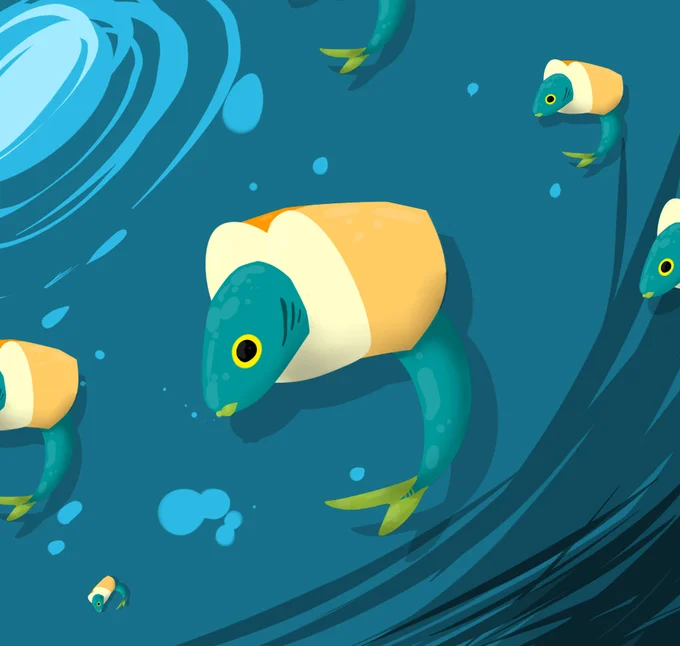 Hand-drawn digital fan art of breadfish swimming underwater