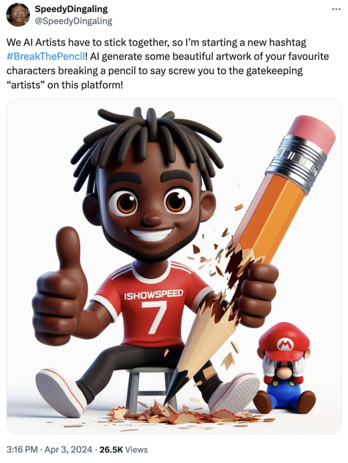 Break The Pencil — Twitter screenshot displaying AI-generated cheerful character breaking a large pencil in half with both hands, small Mario character in