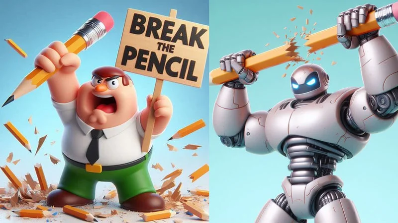 Composite AI-generated image showing businessman on left holding pencil with 'BREAK THE PENCIL' sign and white robot on right holding oversized orange pencil