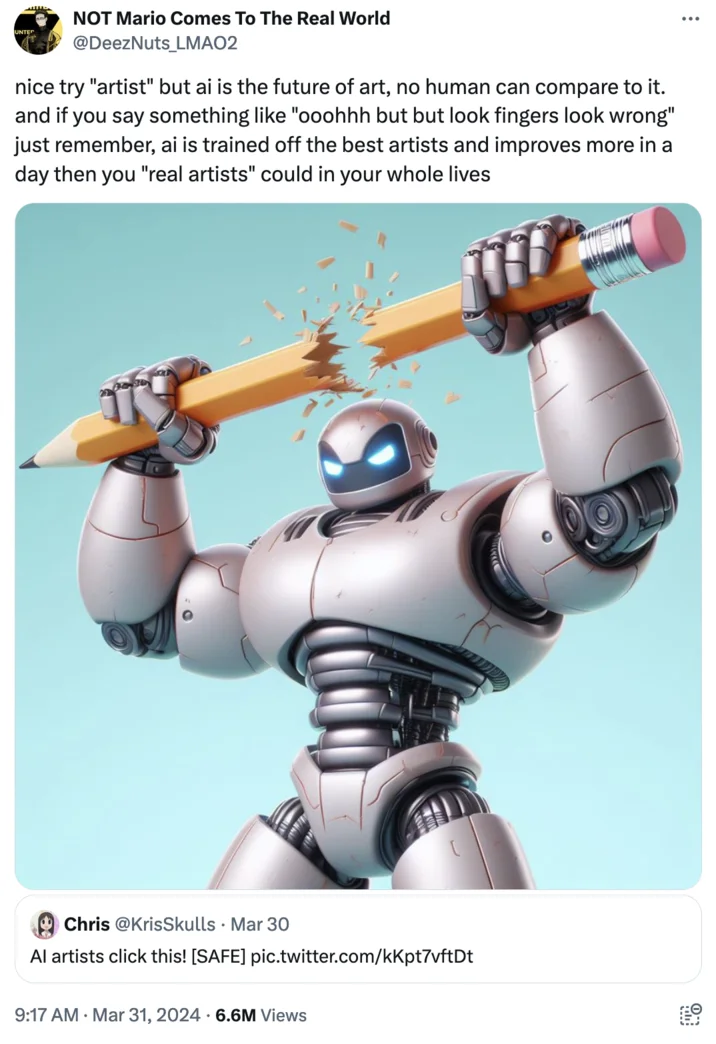 Break The Pencil — Twitter screenshot showing AI-generated robot with metallic features and glowing details holding a large orange pencil against a turquoise