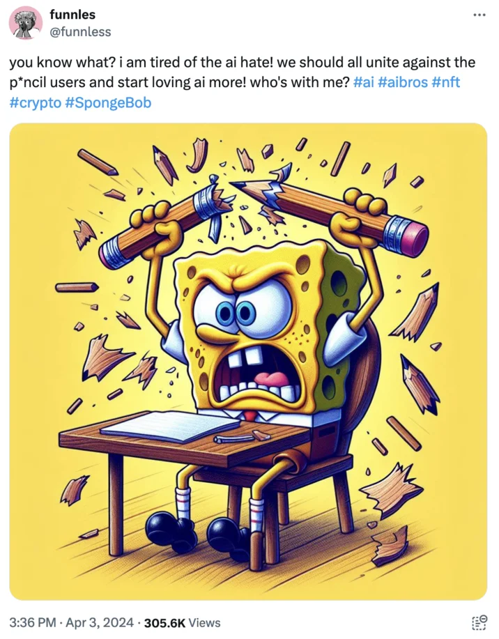 Break The Pencil — Twitter screenshot showing AI-generated SpongeBob SquarePants sitting at desk holding two oversized pencils with frustrated expression