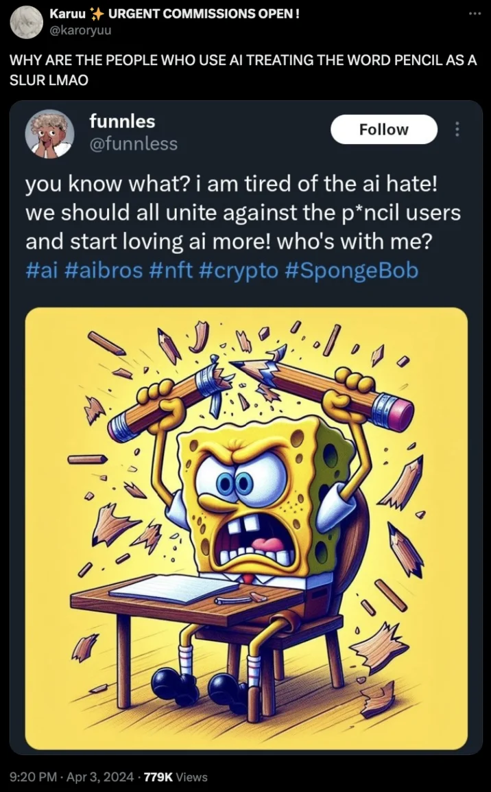 Break The Pencil — Twitter retweet interface showing SpongeBob AI-generated pencil-breaking image with user commentary discussing AI art and anti-AI sentiment.