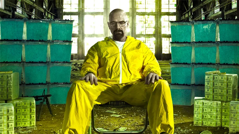 Breaking Bad Memes — Walter White in yellow hazmat suit surrounded by stacks of cash.