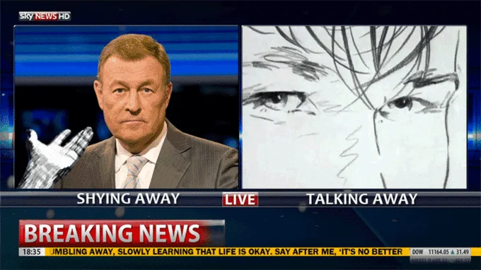 Breaking News Reaction — A split-screen composite combining a Sky News broadcast labeled 'Shying Away' with a manga-style face drawing labeled 'Talking Away'