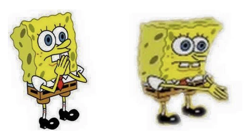 Breath In Boi — SpongeBob SquarePants inhaling with clasped hands then exhaling with a flat expression