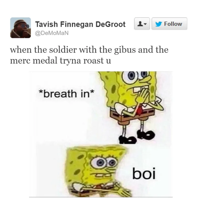 Twitter screenshot of Breath In Boi SpongeBob meme labeled with *breath in* and boi text