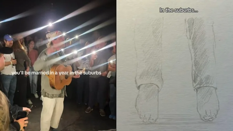 Brendan Abernathys Married In A Year In The Suburbs — A two-panel meme featuring Brendan Abernathy performing with acoustic guitar on the left with overlaid