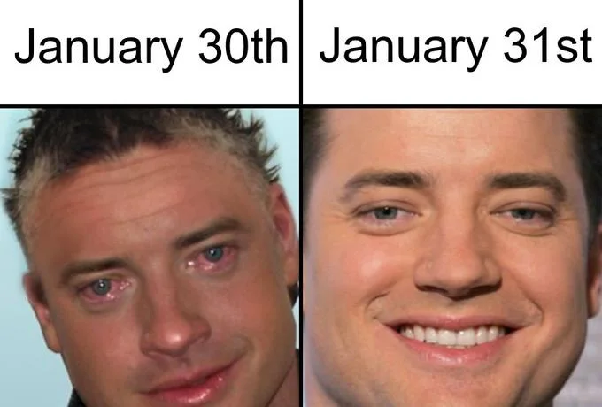 Brendan Frasers Alimony Just Fuck My Shit Up — Before and after meme comparing sad Brendan Fraser to happy Brendan Fraser after alimony ended