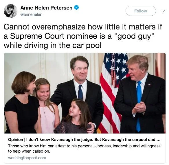 Brett Kavanaugh Supreme Court Nomination — Anne Helen Petersen tweet criticizing WaPo carpool dad opinion piece about Kavanaugh
