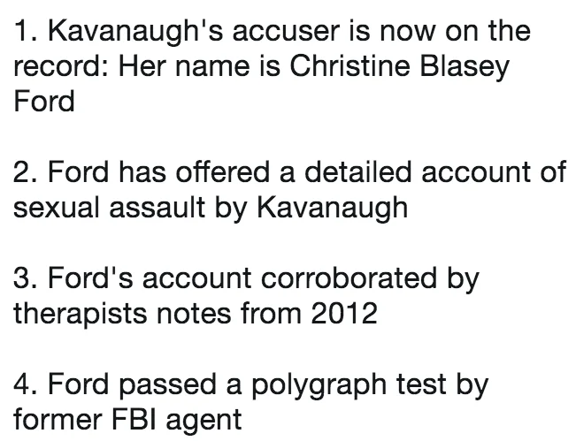 Brett Kavanaugh Supreme Court Nomination — Text list summarizing four points about Christine Blasey Ford's sexual assault allegation against Kavanaugh