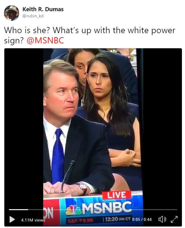 Brett Kavanaugh Supreme Court Nomination — Keith Dumas tweet asking about Zina Bash's hand gesture behind Kavanaugh on MSNBC