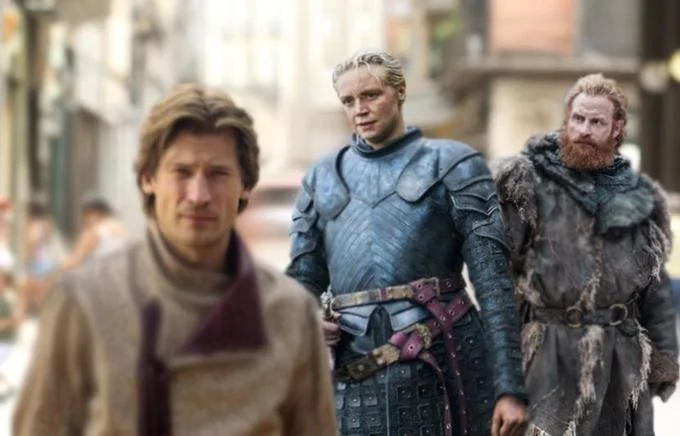 Brienne And Tormund — A photoshopped Distracted Boyfriend meme mashup with Jaime Lannister as the boyfriend, Brienne of Tarth in blue armor as the subject of