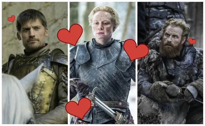 Brienne And Tormund — Side-by-side collage of Jaime Lannister, Brienne of Tarth in armor, and Tormund Giantsbane with red heart emojis floating around Brienne.