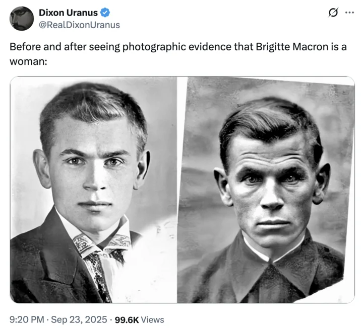 Brigitte Macron Is Transgender Conspiracy Theory — Dixon Uranus tweet with before-and-after vintage portraits joke about Brigitte Macron