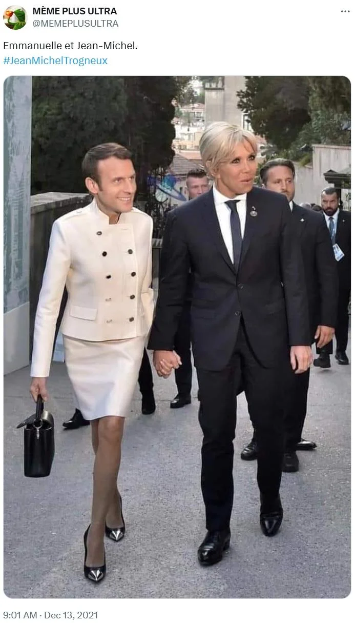 Brigitte Macron Is Transgender Conspiracy Theory — Tweet with face-swapped photo of Emmanuel and Brigitte Macron holding hands
