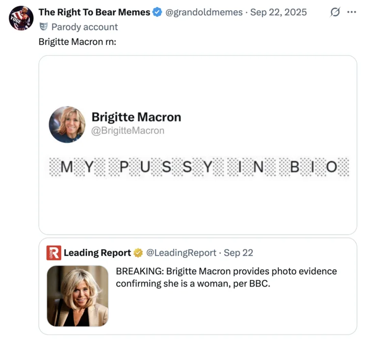 Brigitte Macron Is Transgender Conspiracy Theory — Parody tweet joking about Brigitte Macron responding with 'my pussy in bio'