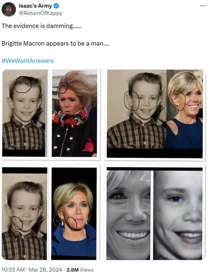 Brigitte Macron Is Transgender Conspiracy Theory — Tweet claiming photographic evidence Brigitte Macron is a man with four side-by-side comparisons