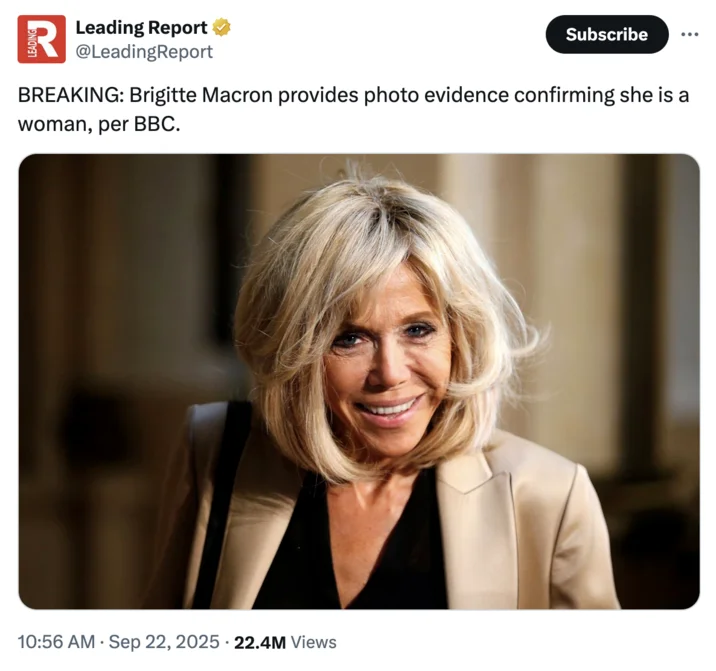 Brigitte Macron Is Transgender Conspiracy Theory — Leading Report tweet about Brigitte Macron confirming she is a woman per BBC