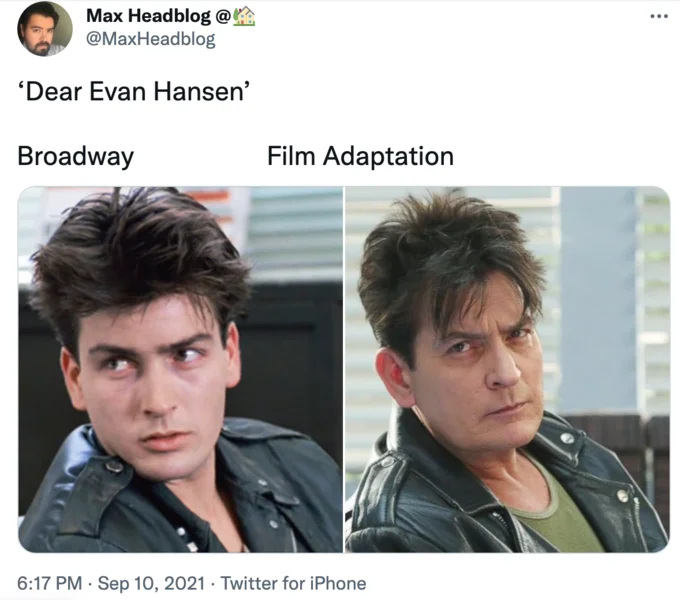Broadway — Tweet with 'Dear Evan Hansen' labeled photos of young and older Charlie Sheen in leather jackets.