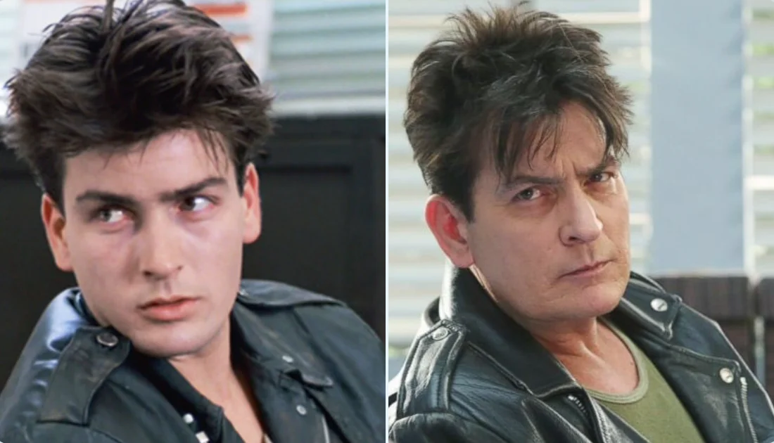 Broadway — Side-by-side photos of young Charlie Sheen in a leather jacket beside an older Charlie Sheen in similar attire.