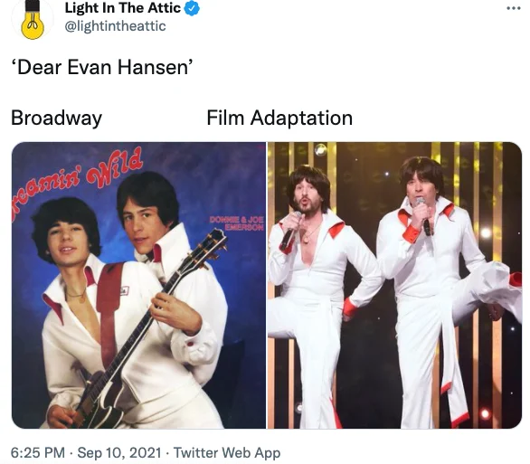 Tweet showing Donnie & Joe Emerson's youthful album cover beside a recent live performance photo, labeled Broadway and Film Adaptation.