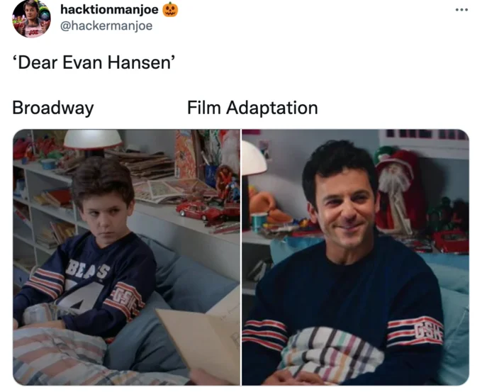 Tweet comparing young Fred Savage in The Wonder Years to adult Fred Savage, labeled Broadway and Film Adaptation.