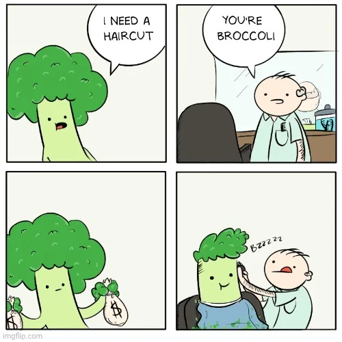 Four-panel comic with broccoli character at barber shop, broccoli haircut meme comic