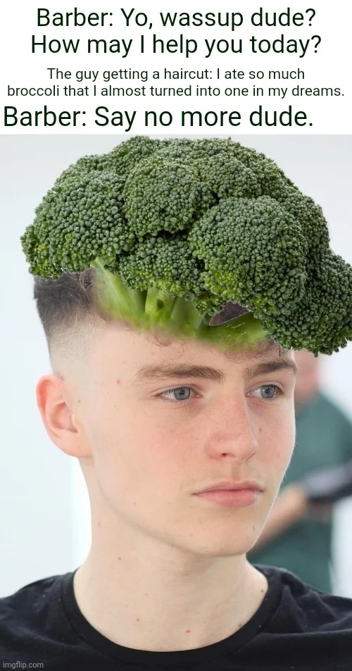 Broccoli Haircut — Young man with bright green broccoli photoshopped as his hairstyle, with barber shop meme caption
