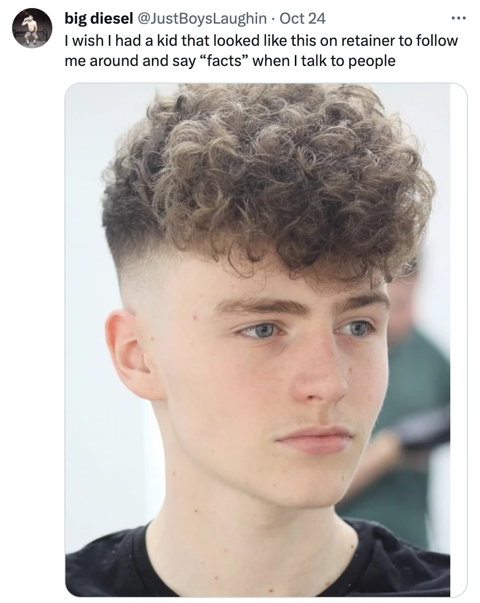Broccoli Haircut — Twitter post about voluminous curly hairstyle with image of young man with curly hair
