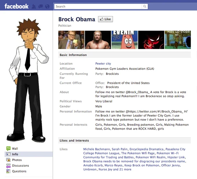 Facebook profile page for 'Brock Obama' listing him as a politician running for President