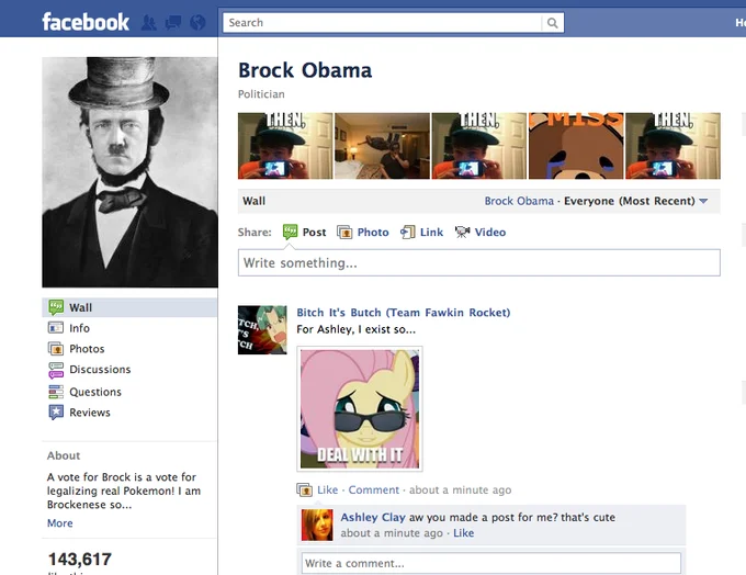 Screenshot of Brock Obama Facebook wall with Edgar Allan Poe profile photo and fan posts
