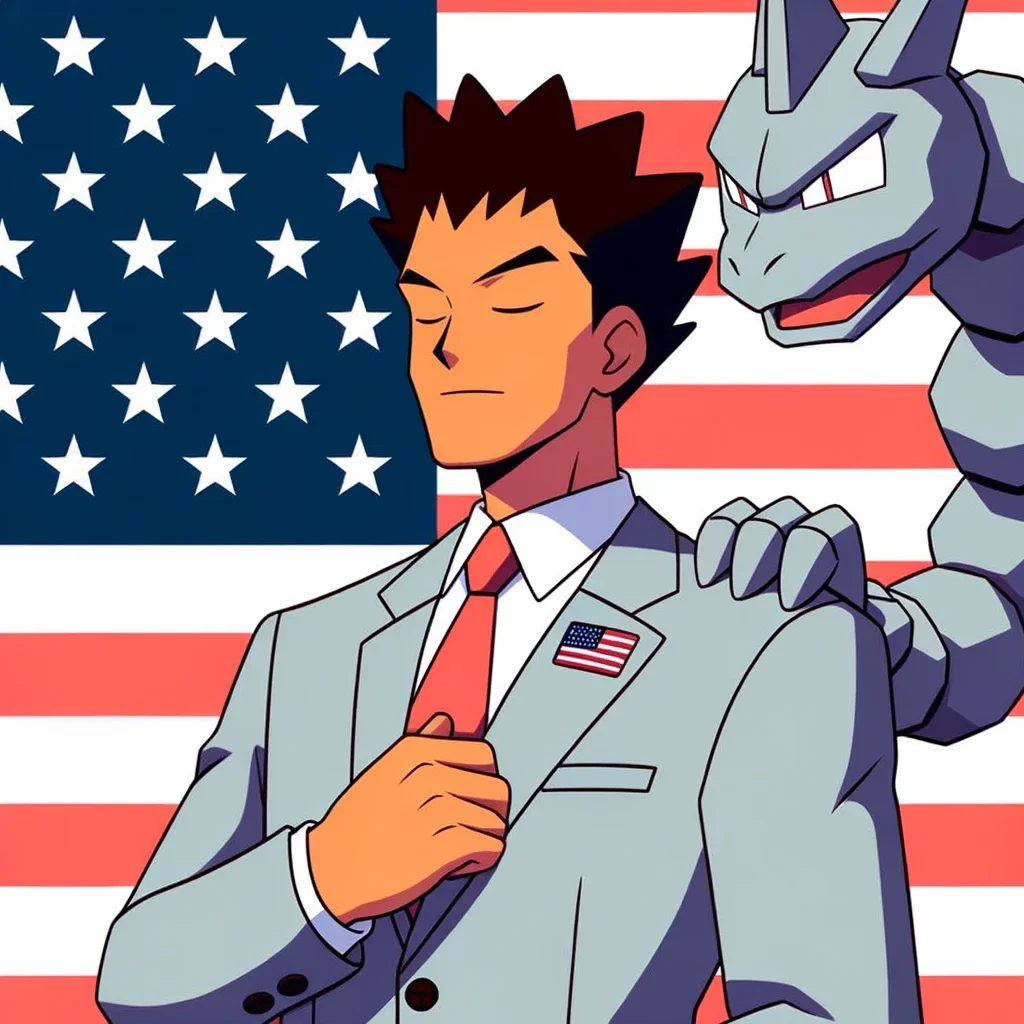 Brock Obama — Cartoon of Brock from Pokémon in a presidential suit in front of the American flag with an Onix behind him
