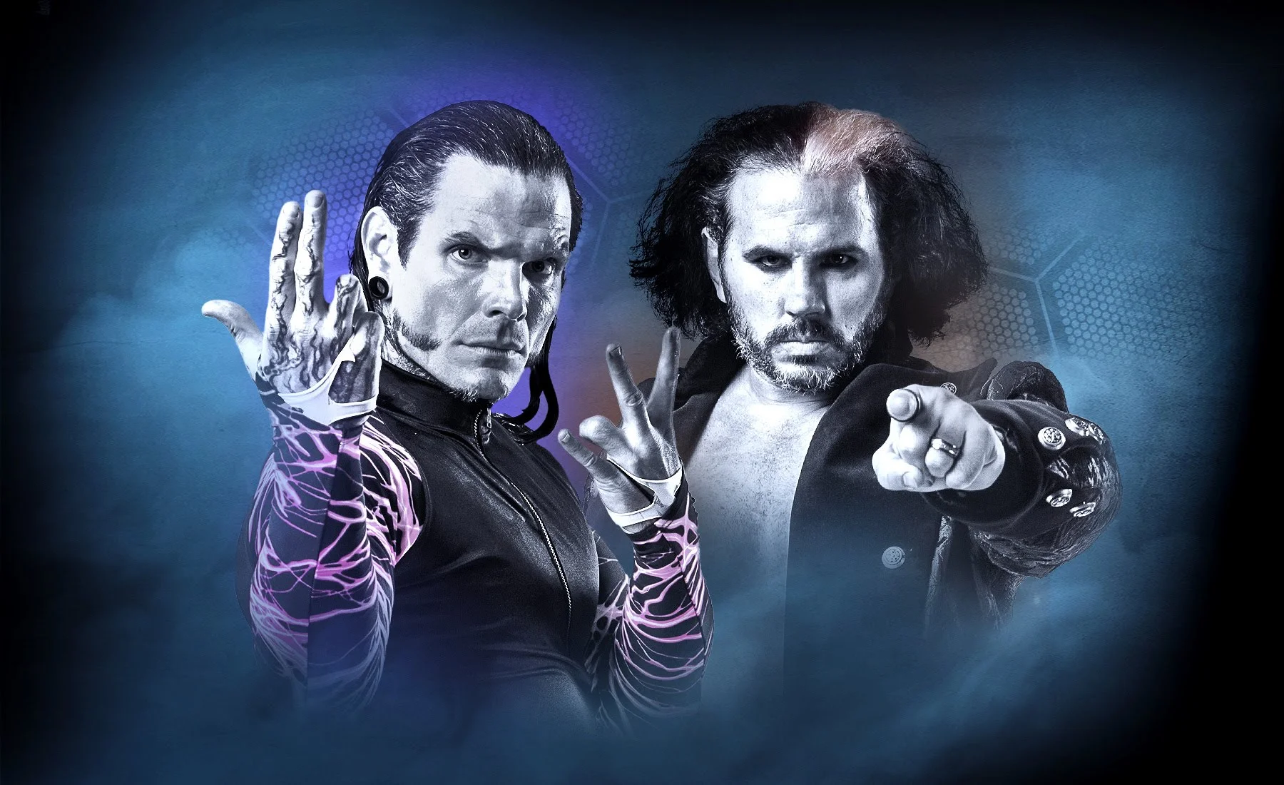 Broken Matt Hardy Brother Nero — Broken Matt Hardy and Brother Nero (Jeff Hardy) in dramatic pale-faced poses against a blue smoky background