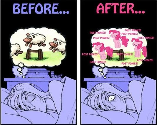 Bronies — Before and after comic of a sleeper dreaming of sheep then being overrun by Pinkie Pie ponies chanting 'post ponies'