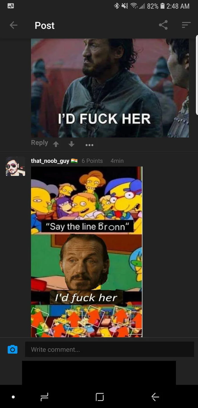 Bronns Id Fuck Her — Mobile screenshot with Bronn meme and Say the line Bronn Simpsons parody reply