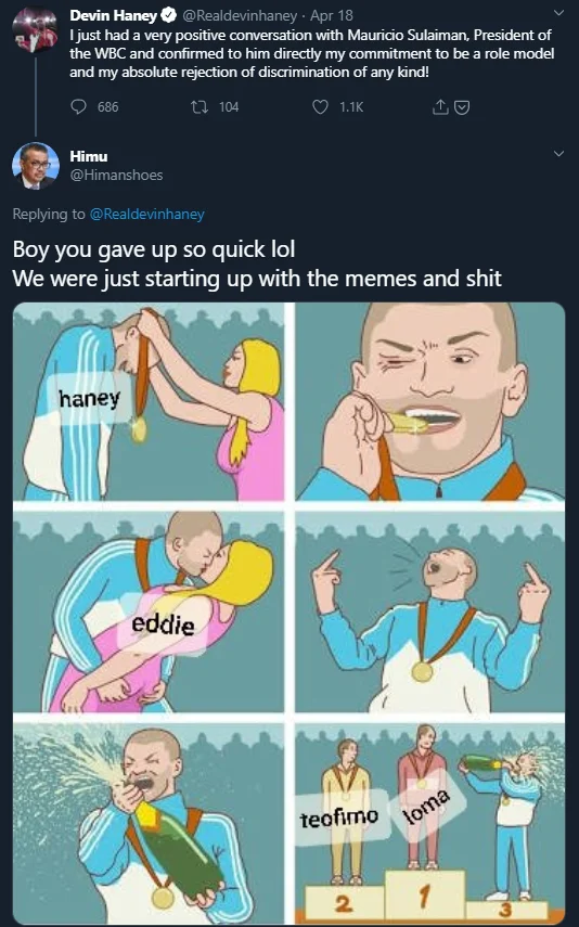 Twitter screenshot of Devin Haney tweet with reply using Bronze Medal meme edit about boxers