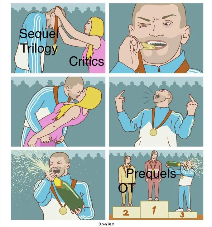 Bronze medal meme captioned with Star Wars sequel trilogy vs prequels and original trilogy references