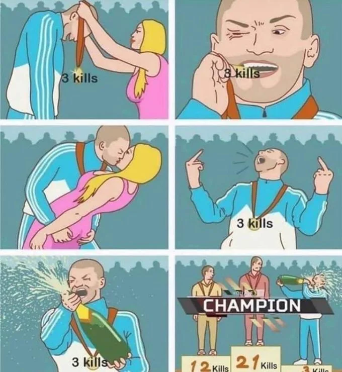 Bronze medal meme with kill counts and CHAMPION banner from a video game match