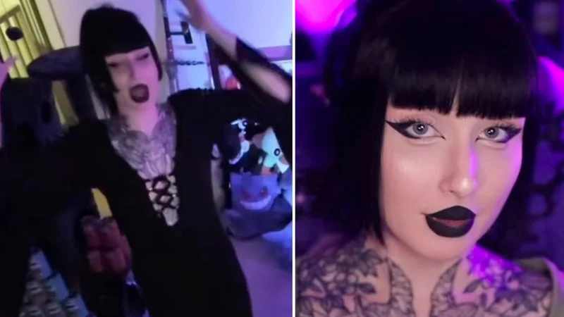 Bros Got X Ray Vision For Grippers — Split-screen image showing goth girl with black bob haircut in livestream setting, left panel full stream context with