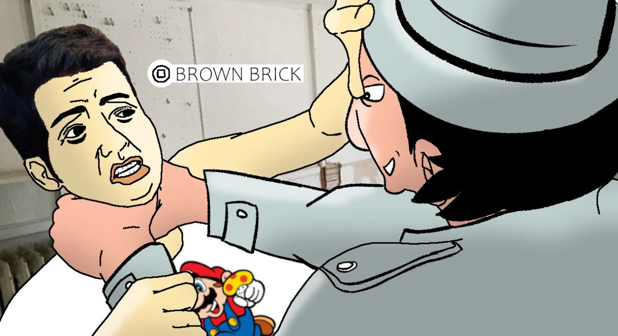 Brown Bricks/Minecrap — Illustration of Inspector Gadget attacking Mike Matei in Mario shirt labeled brown brick