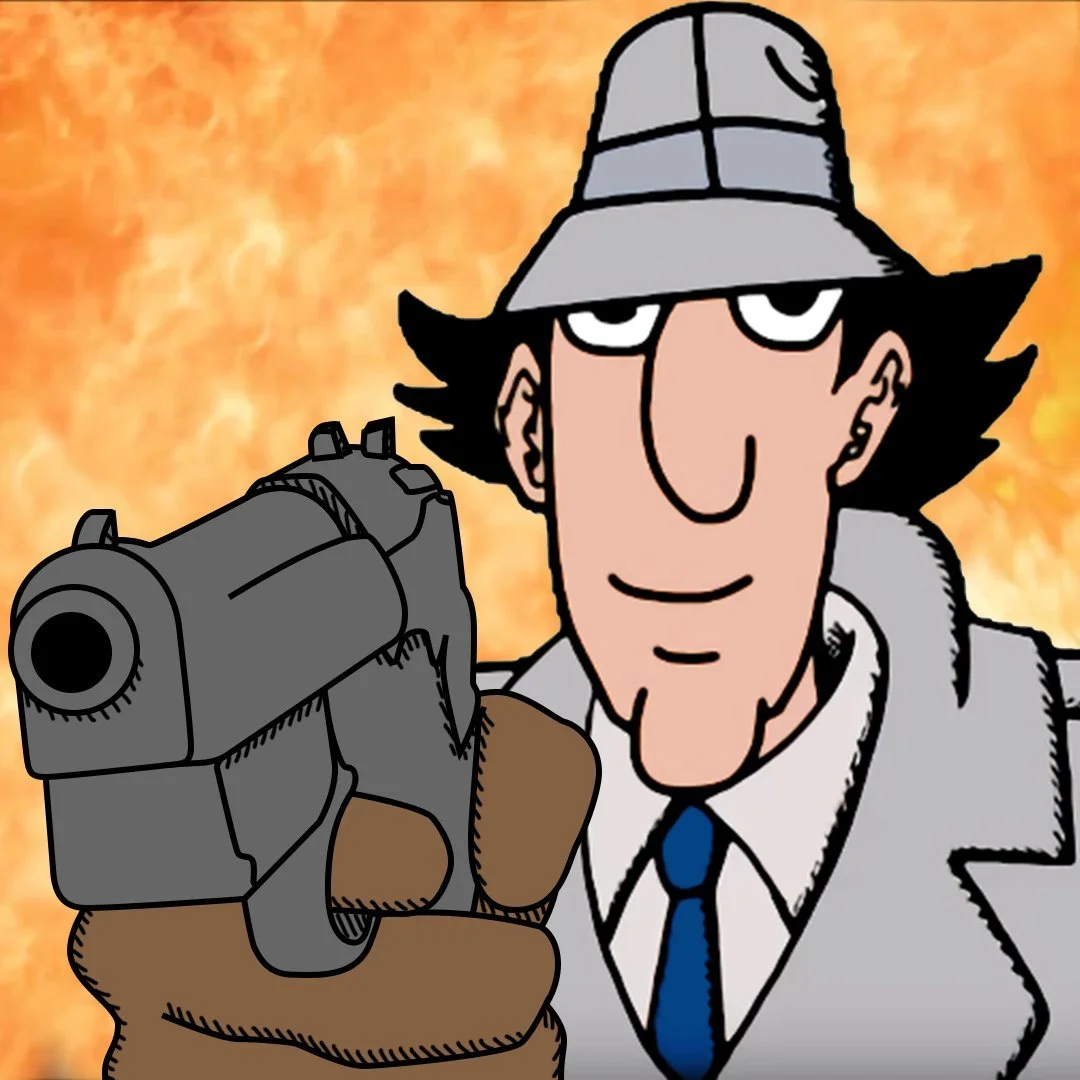 Brown Bricks/Minecrap — Inspector Gadget pointing a gun with fire background