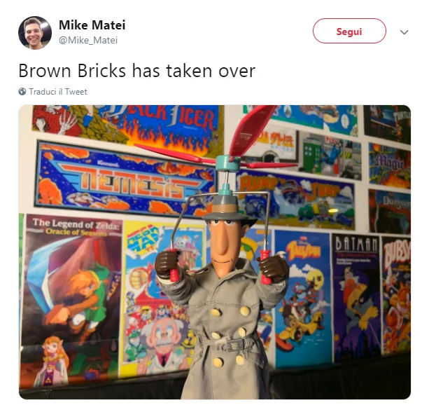 Brown Bricks/Minecrap — Mike Matei tweet reading Brown Bricks has taken over with Inspector Gadget figure