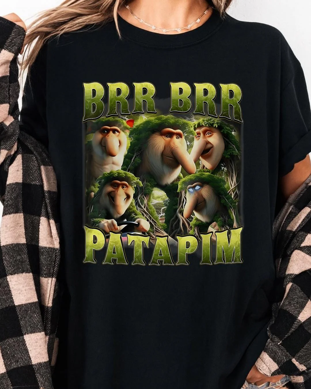 Brr Brr Patapim black t-shirt with grid of four forest creature character variations