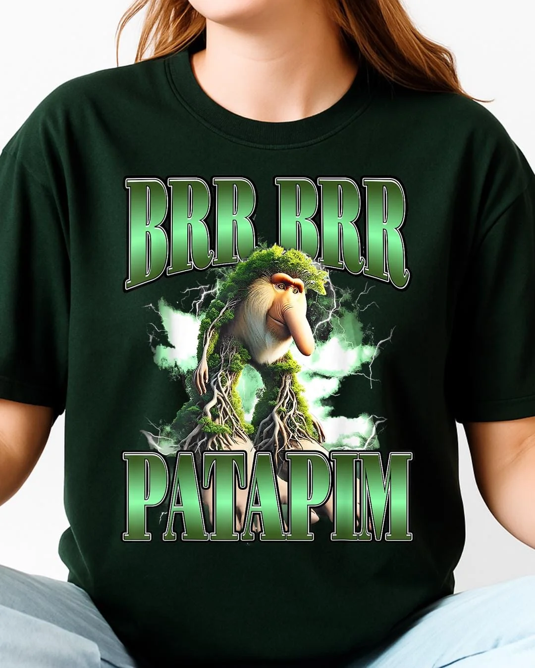 Brr Brr Patapim t-shirt with green creature character and moss forest aesthetic merchandise
