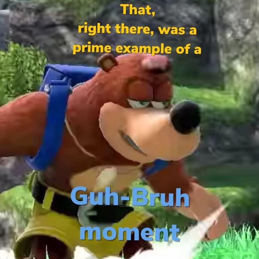 Screenshot of Banjo from Banjo-Kazooie in action pose with text overlay 'That, right there, was a prime example of a Guh-Bruh moment.'
