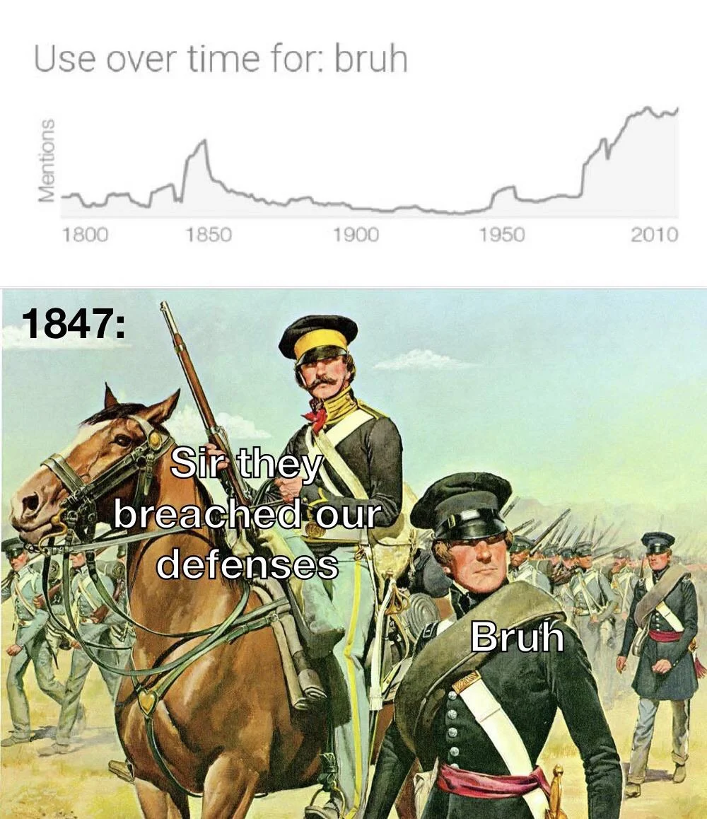 Two-part meme combining Google Ngram chart showing 'bruh' spike with 19th-century military painting of soldiers, labeled 'Sir they breached our defenses' and
